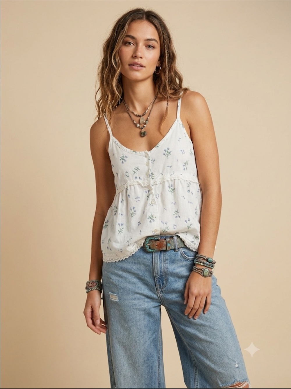 White Floral Lace-Trim Spaghetti Strap Cami